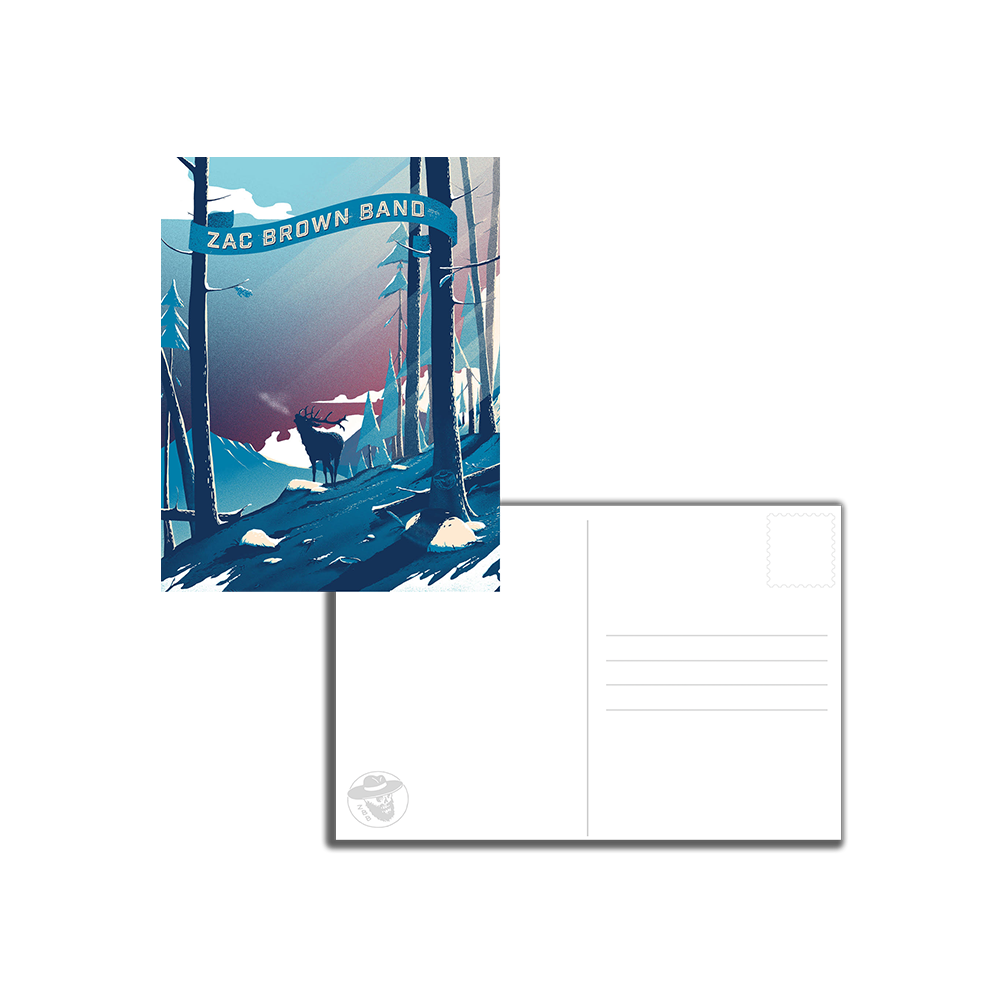 Postcard featuring a stylized forest scene with ’Zac Brown Band’ banner.