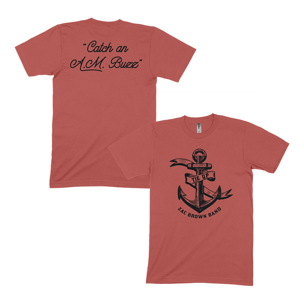 Rust-colored t-shirt with anchor design and text on front and back.