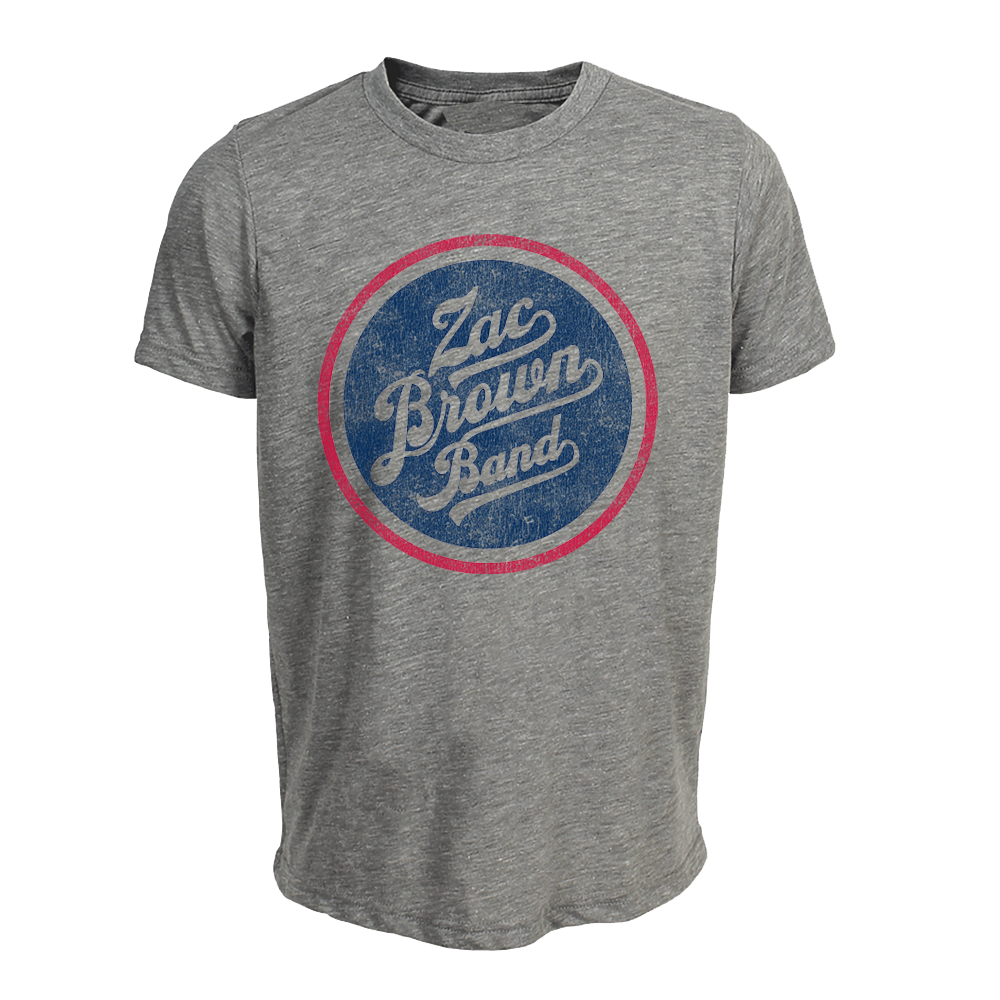 Gray t-shirt featuring a circular logo for ’Zac Brown Band’ in blue and pink.