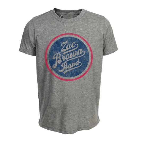 Gray t-shirt featuring a circular logo for ’Zac Brown Band’ in blue and pink.