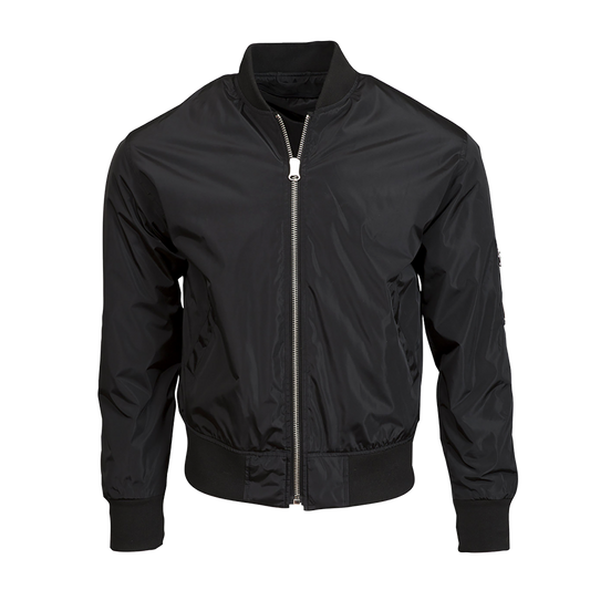 Black bomber jacket with a silver zipper front.