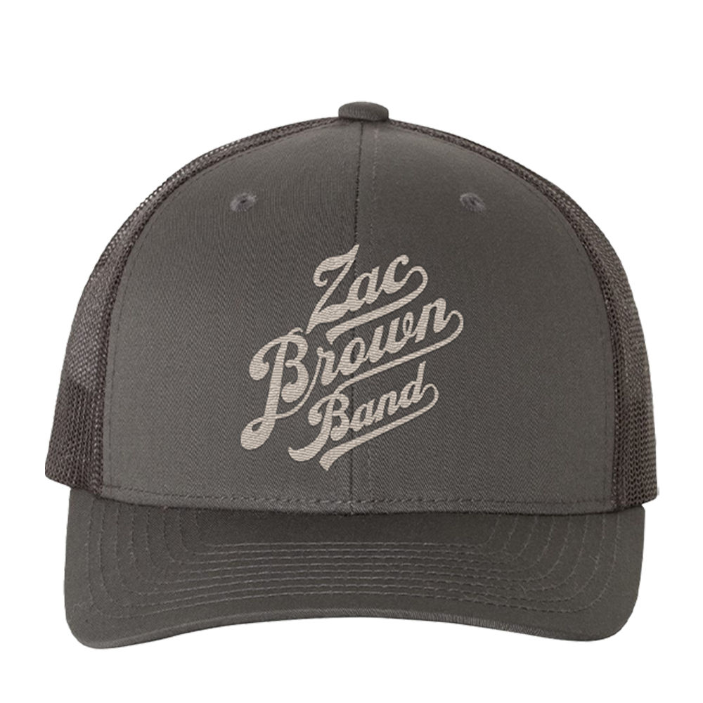 Gray trucker-style cap with ’Zac Brown Band’ embroidered on the front.