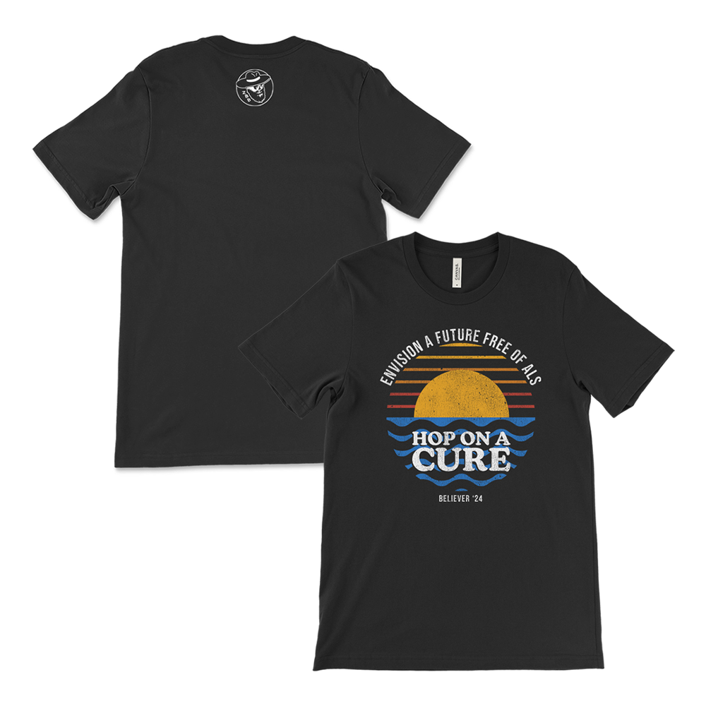 Black t-shirt with a colorful sunset design and text about envisioning a future free of ALS.
