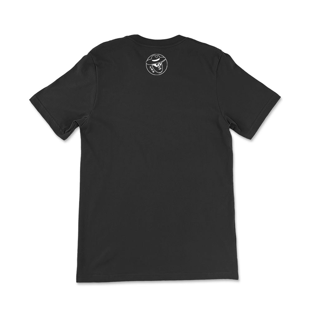 Black t-shirt with a small circular logo on the upper back.