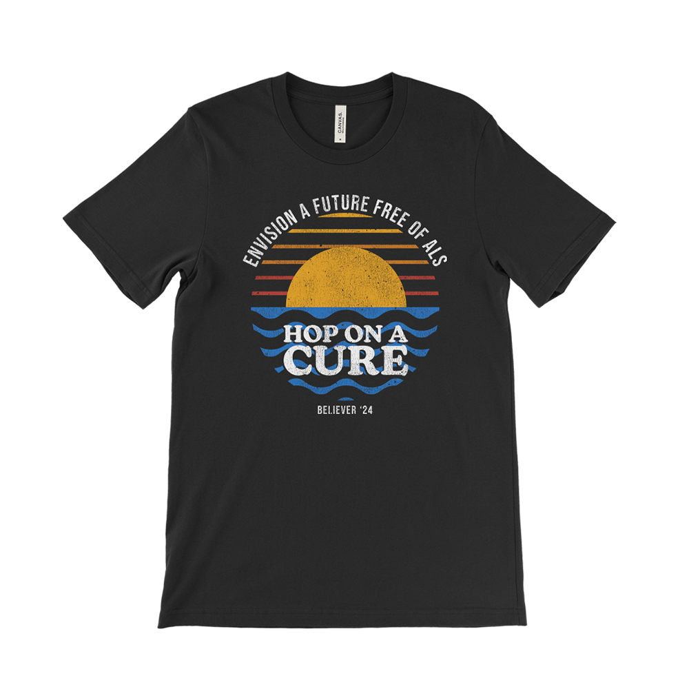 Black t-shirt with a colorful sunset design and text about envisioning a future free of ALS.