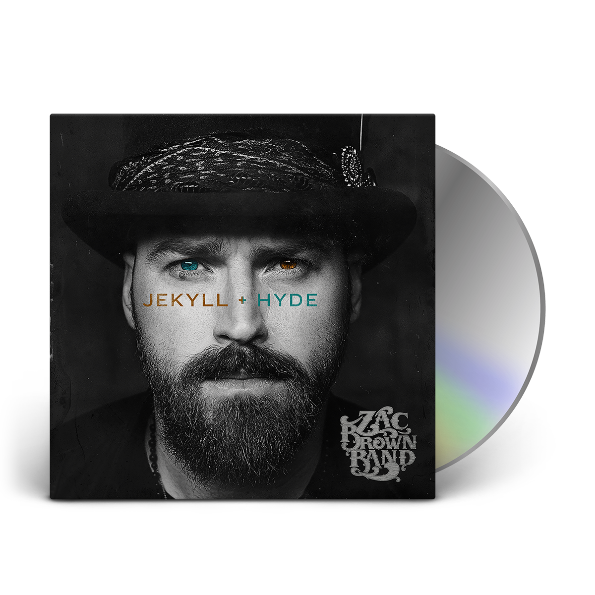 Album cover for ’Jekyll + Hyde’ by Zac Brown Band featuring a close-up portrait of a bearded man in a hat with heterochromatic eyes.