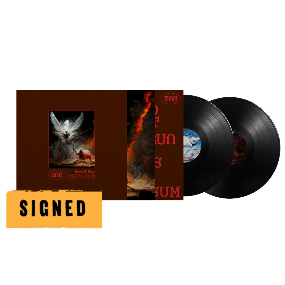 Vinyl records with a brown cover featuring artwork and 'SIGNED' label on a white background