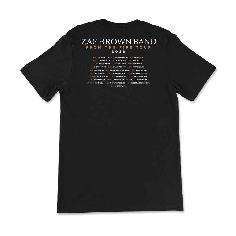 Black t-shirt with Zac Brown Band 2023 tour dates printed on the back.