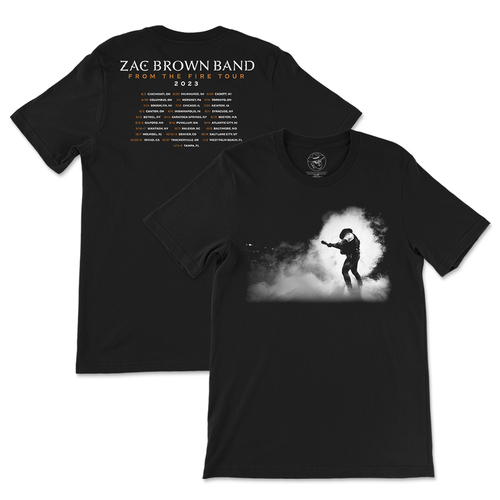 Black concert tour t-shirt for the Zac Brown Band’s ’From the Fire Tour 2023’ with tour dates on the back and a silhouette design on the front.