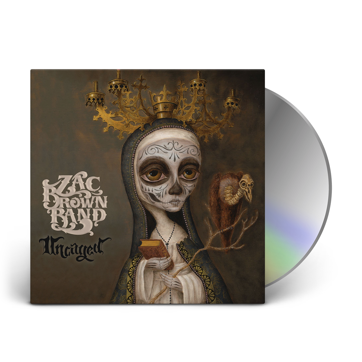 Album cover featuring a surreal Day of the Dead-inspired figure wearing an ornate crown and holding a small creature.
