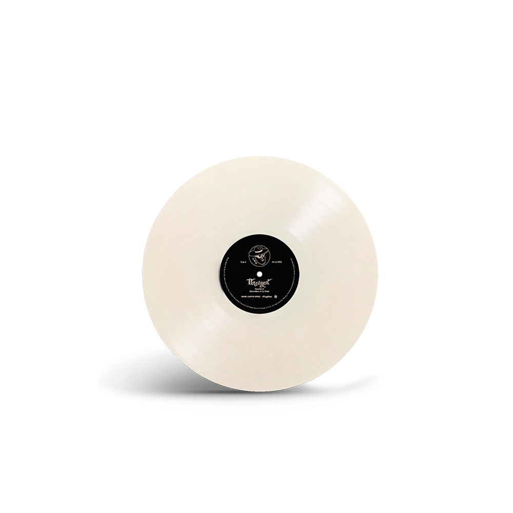 White vinyl record with a black label in the center.