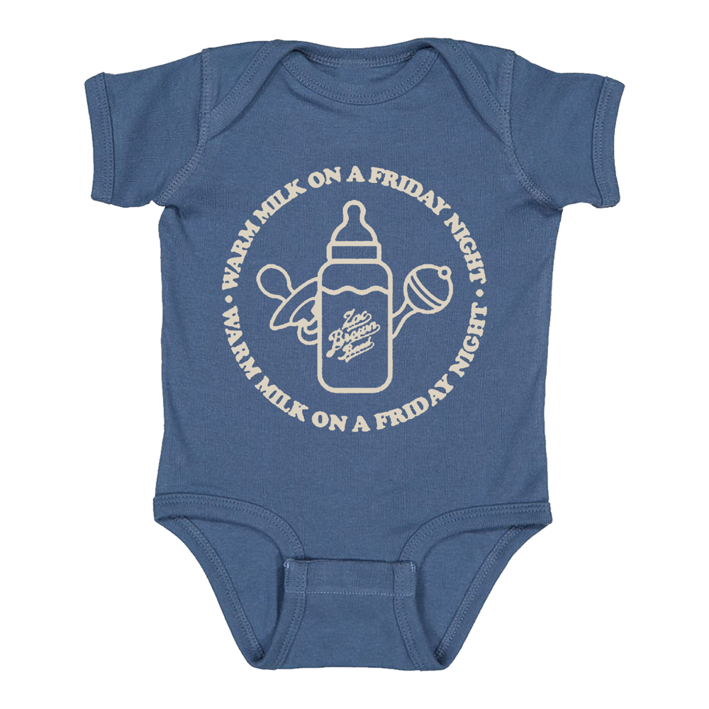 Blue baby onesie with a milk bottle design and text about warm milk on Friday nights.