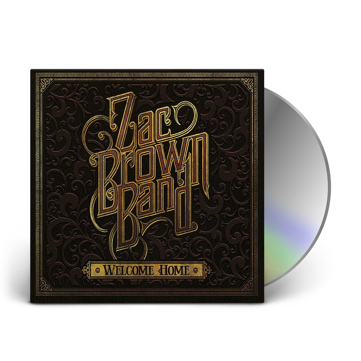 Album cover for ’Welcome Home’ by Zac Brown Band featuring ornate gold lettering on a dark, textured background.