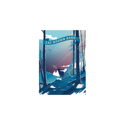 Concert poster for the Zac Brown Band featuring a winter forest scene with a deer.