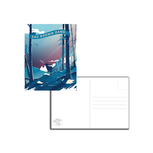 Postcard featuring a stylized forest scene with ’Zac Brown Band’ banner.