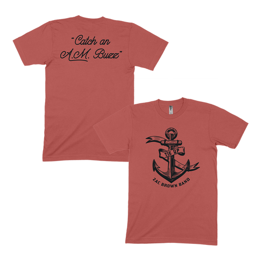 Rust-colored t-shirt with anchor design and text on front and back.