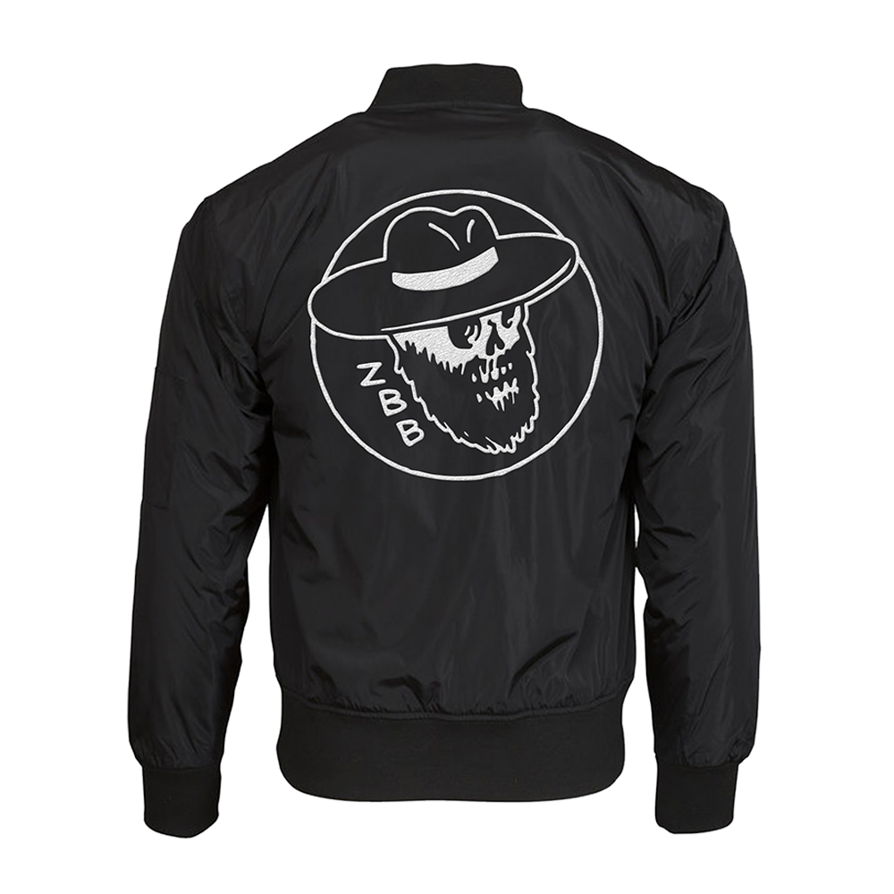 Black jacket with a white skull logo wearing a hat on the back.