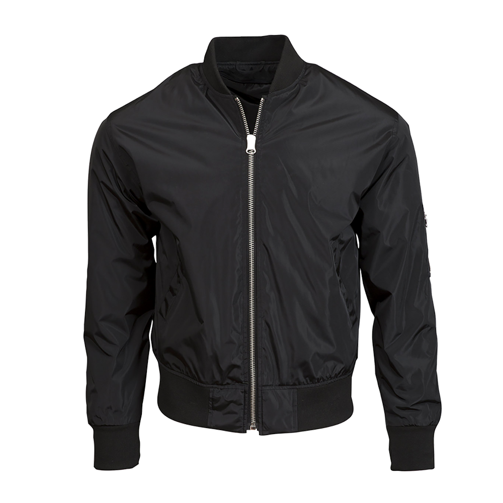 Black bomber jacket with a silver zipper front.