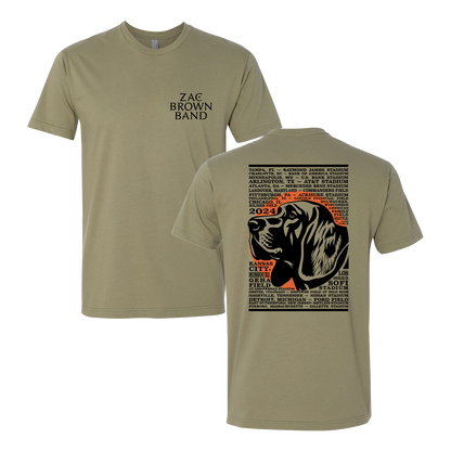 Olive green t-shirt with Zac Brown Band logo and tour design.