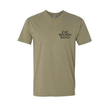 Olive green t-shirt with ’ZAC BROWN BAND’ printed on the left chest area.