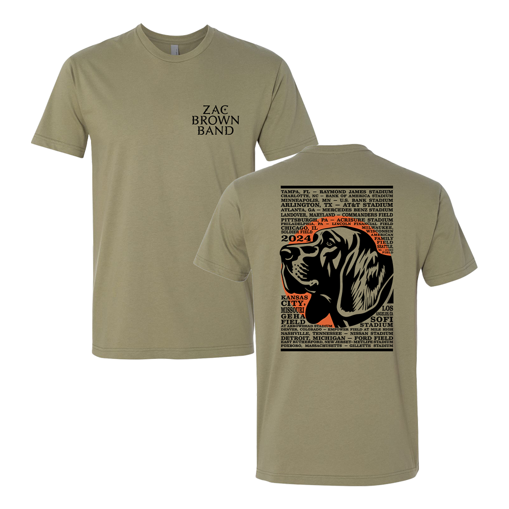 Olive green t-shirt with Zac Brown Band logo and tour design.