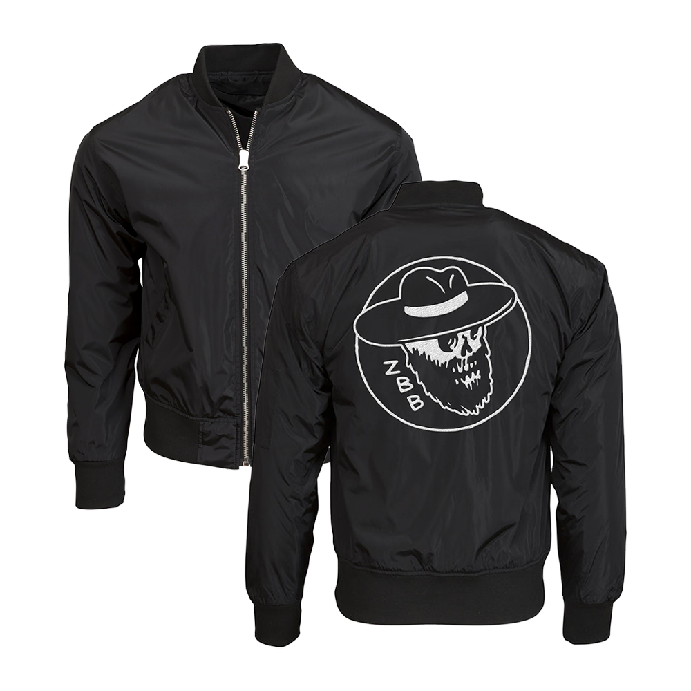 Black bomber jacket with a skull logo on the back.