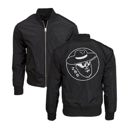 Black bomber jacket with a skull logo on the back.