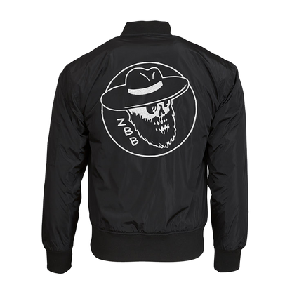 Black jacket with a white skull logo wearing a hat on the back.