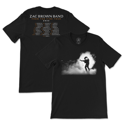 Black concert tour t-shirt for the Zac Brown Band’s ’From the Fire Tour 2023’ with tour dates on the back and a silhouette design on the front.