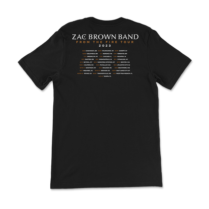 Black t-shirt with Zac Brown Band 2023 tour dates printed on the back.