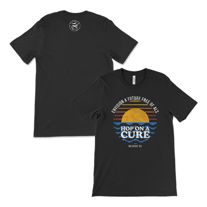 Black t-shirt with a colorful sunset design and text about envisioning a future free of ALS.