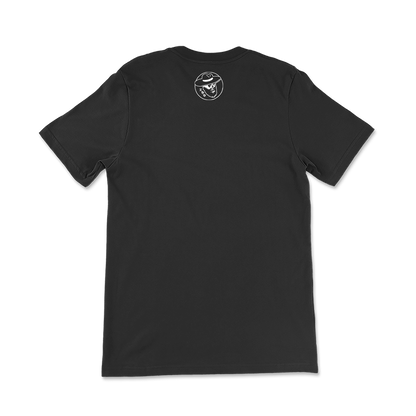 Black t-shirt with a small circular logo on the upper back.