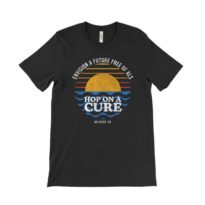 Black t-shirt with a colorful sunset design and text about envisioning a future free of ALS.