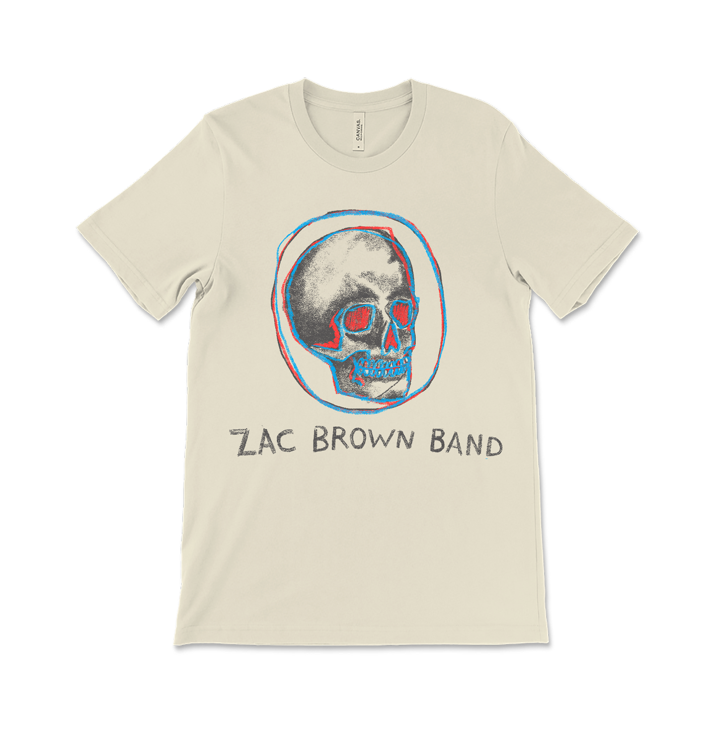 Beige t-shirt featuring a stylized skull design and ’Zac Brown Band’ text.