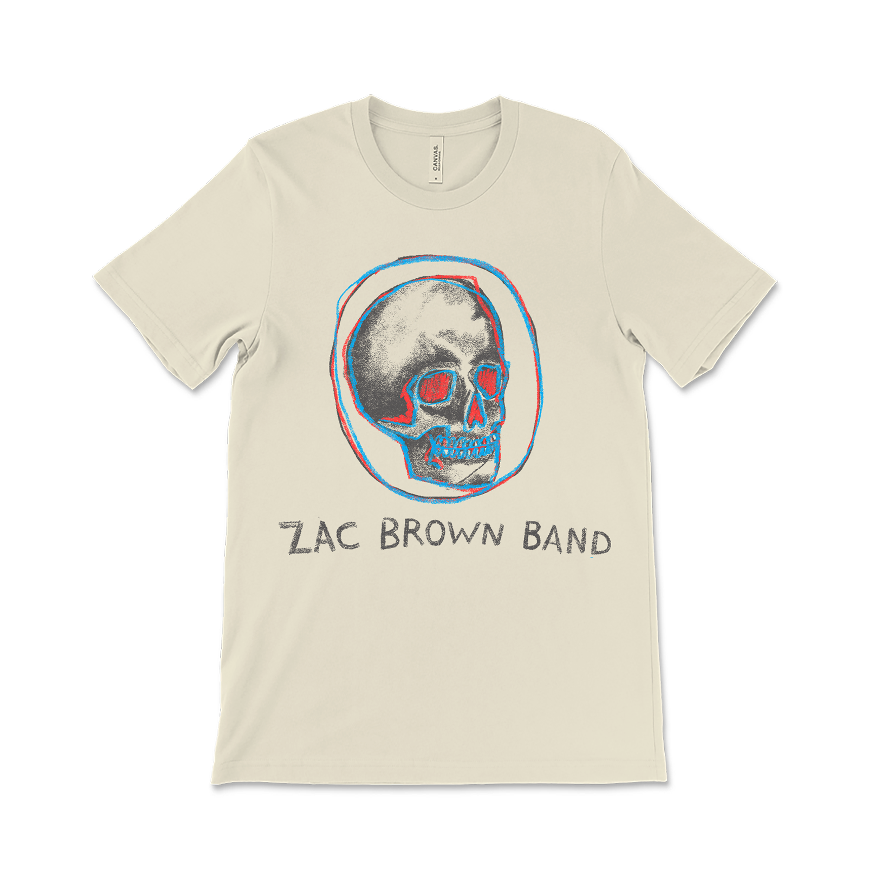 Beige t-shirt featuring a stylized skull design and ’Zac Brown Band’ text.