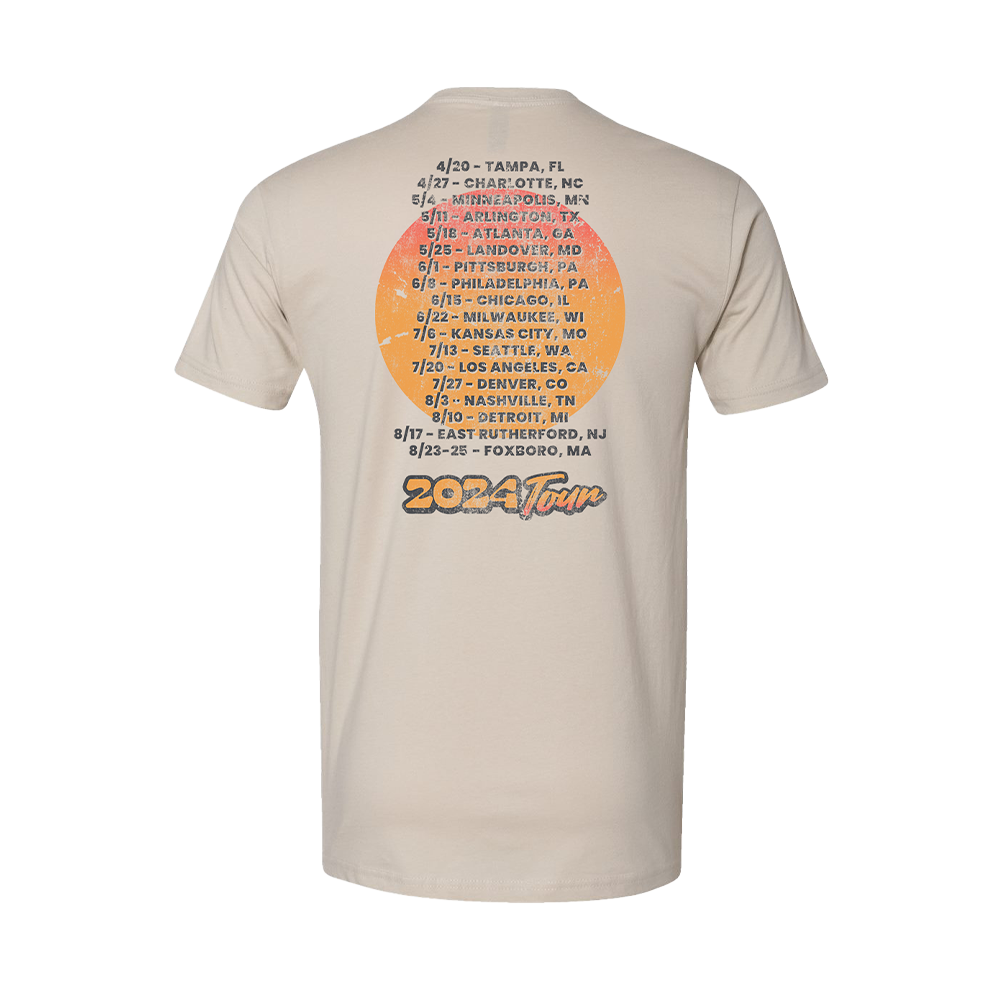 Beige t-shirt with a 2024 tour schedule printed on the back.