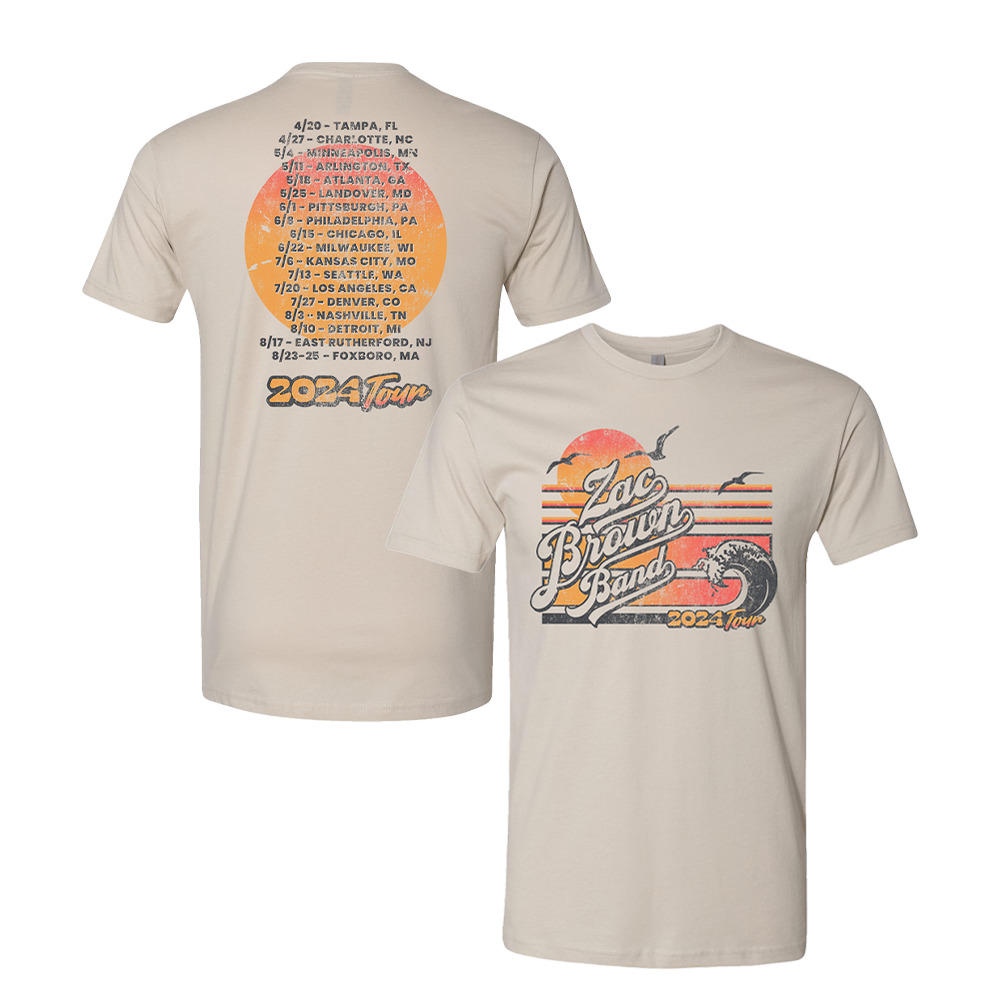 Concert tour t-shirt for the Zac Brown Band’s 2024 tour, featuring front and back designs with tour dates and a sunset graphic.
