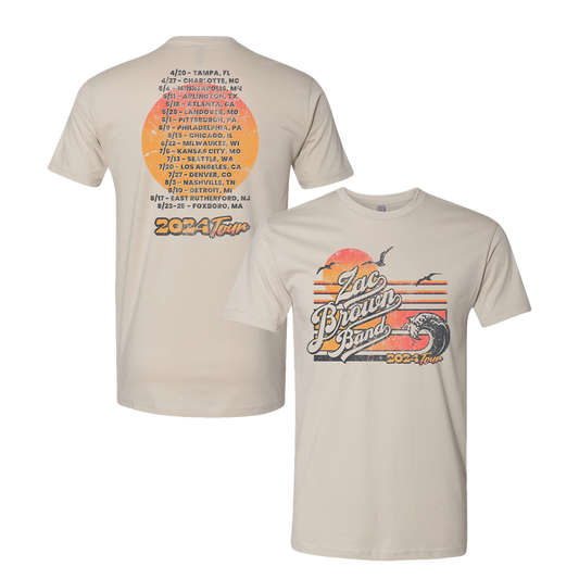 Concert tour t-shirt for the Zac Brown Band’s 2024 tour, featuring front and back designs with tour dates and a sunset graphic.
