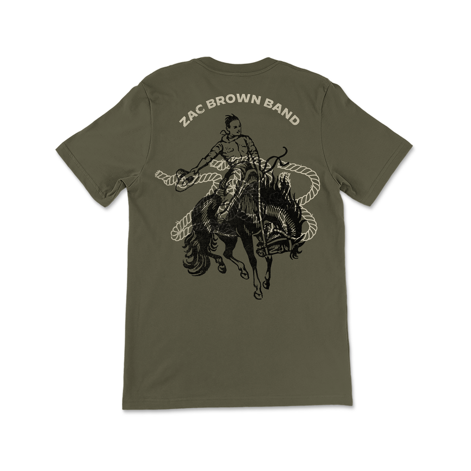 Olive green t-shirt with a Zac Brown Band rodeo-themed graphic on the back.