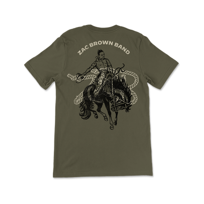 Olive green t-shirt with a Zac Brown Band rodeo-themed graphic on the back.