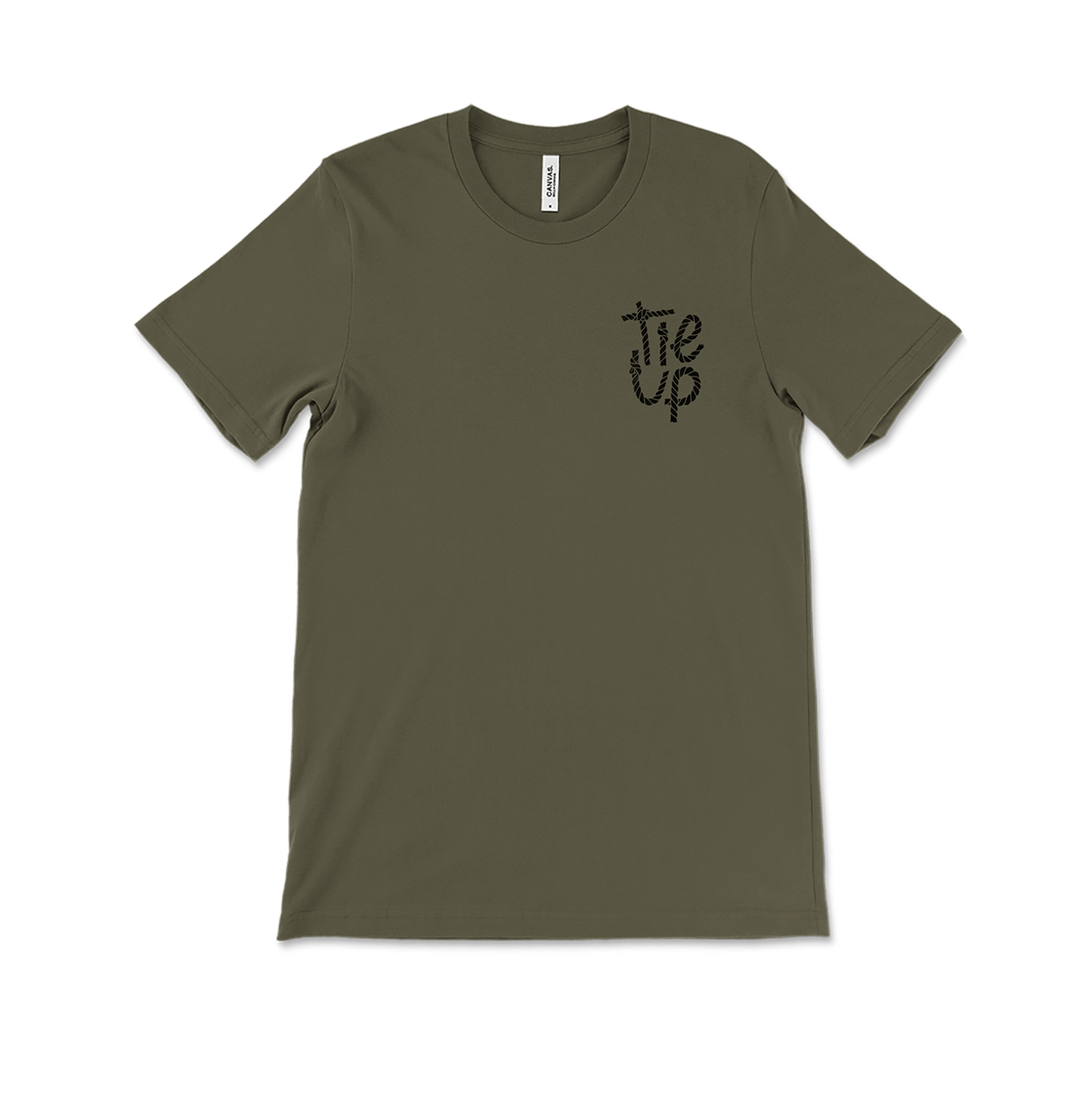 Olive green t-shirt with ’Tie Up’ text printed on the chest.