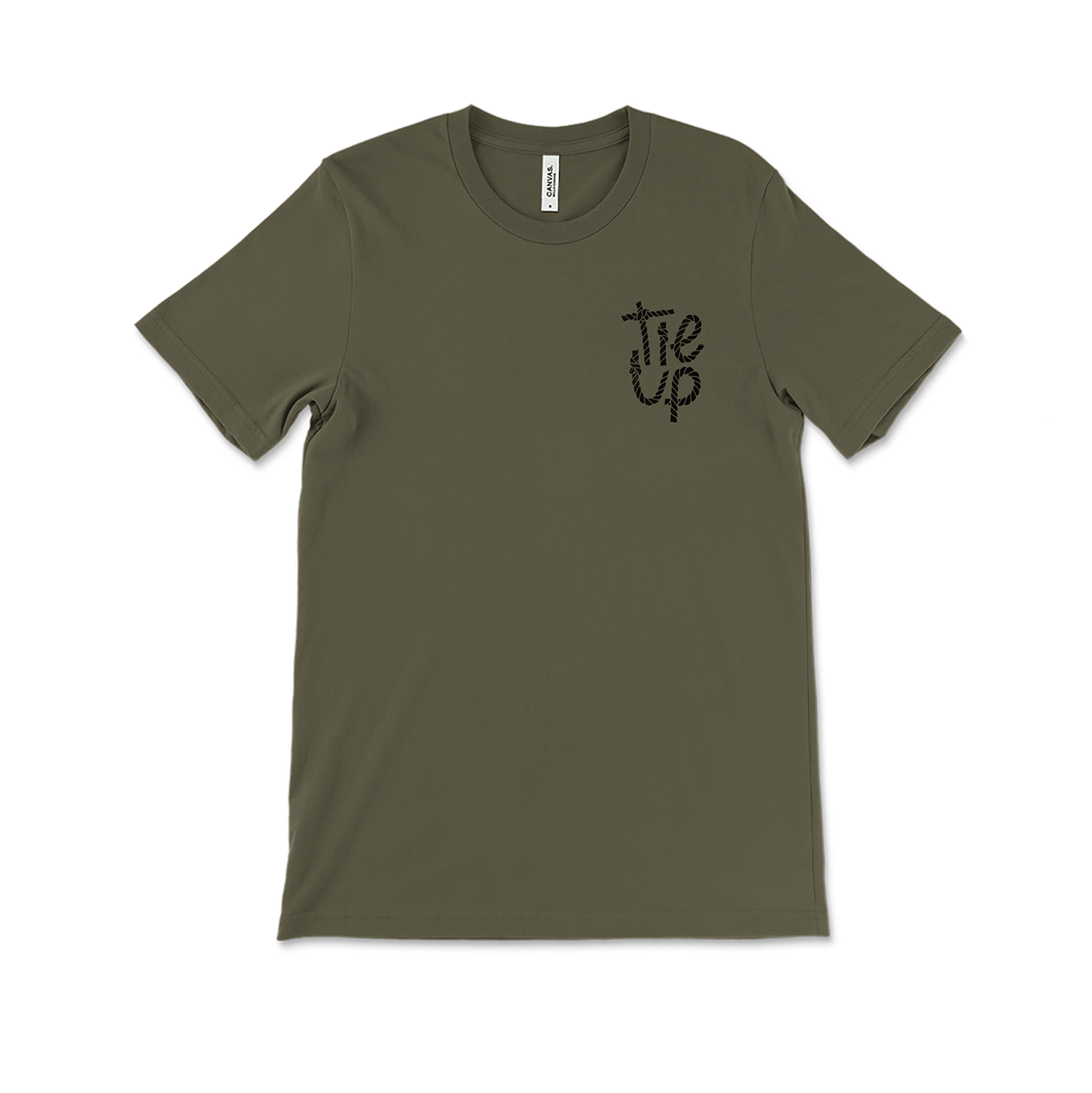 Olive green t-shirt with ’Tie Up’ text printed on the chest.