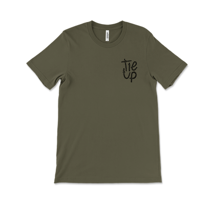 Olive green t-shirt with ’Tie Up’ text printed on the chest.