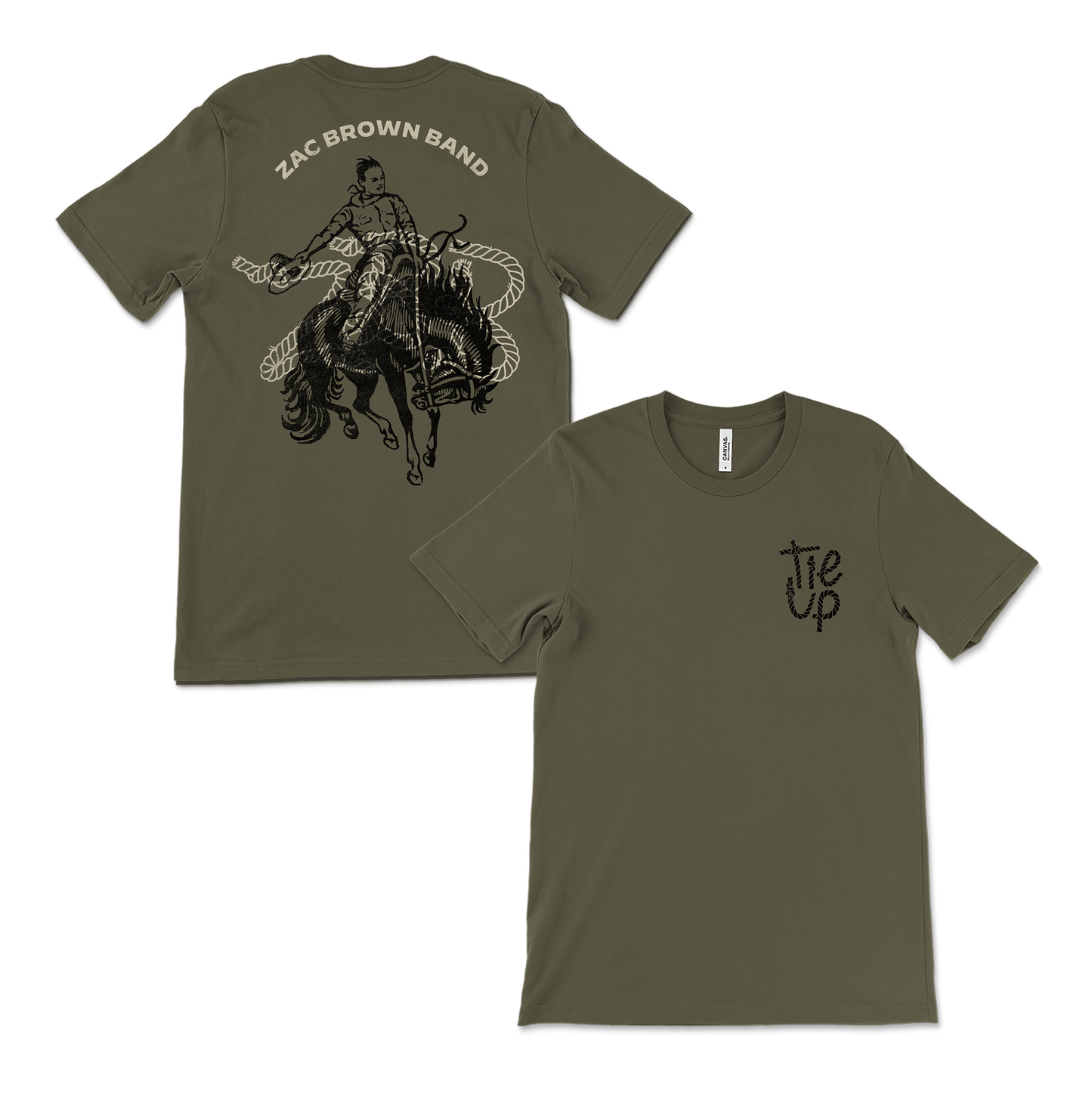 Olive green t-shirt with cowboy rodeo design for Zac Brown Band.