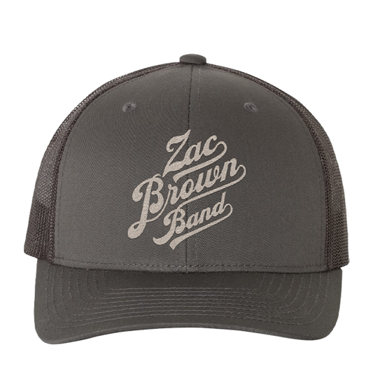Gray trucker-style cap with ’Zac Brown Band’ embroidered on the front.