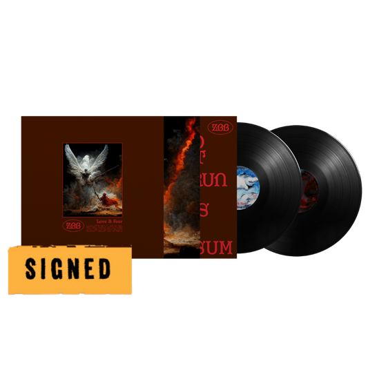 Vinyl records with a brown cover featuring artwork and 'SIGNED' label on a white background