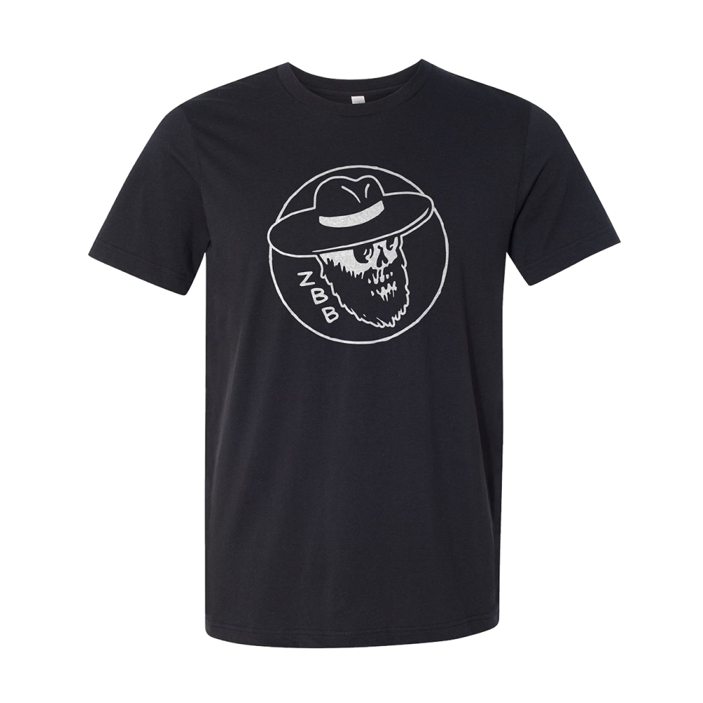 Black t-shirt with a white circular logo featuring a skull wearing a hat.