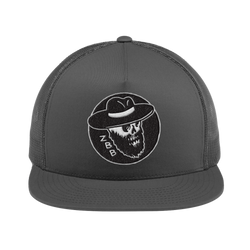 Gray trucker-style baseball cap with a skull logo embroidered on the front.