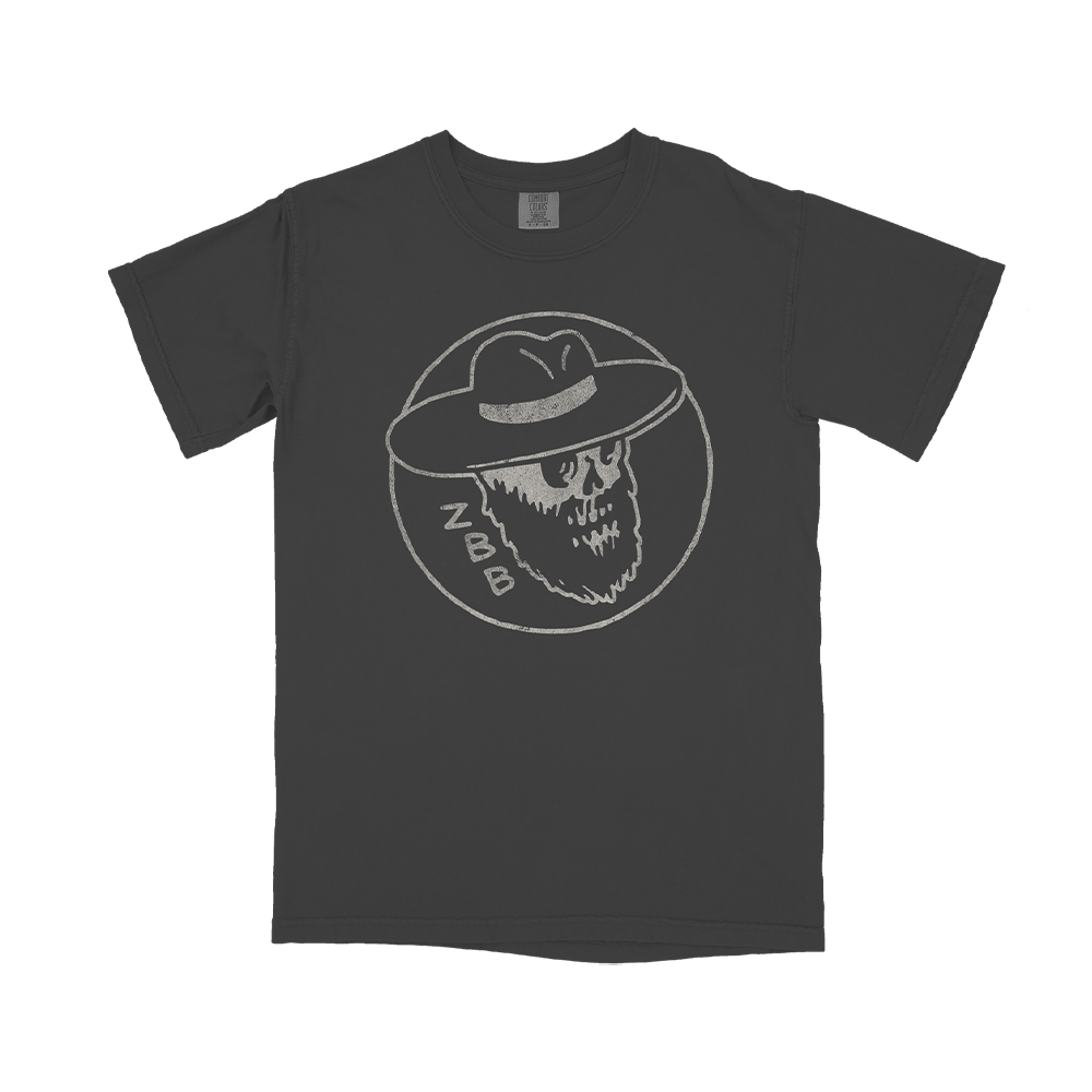 Dark t-shirt with a circular graphic depicting a skull wearing a hat.