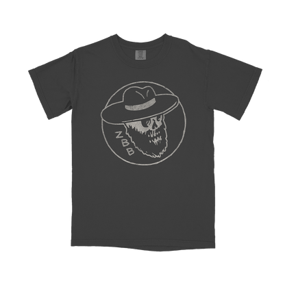 Dark t-shirt with a circular graphic depicting a skull wearing a hat.